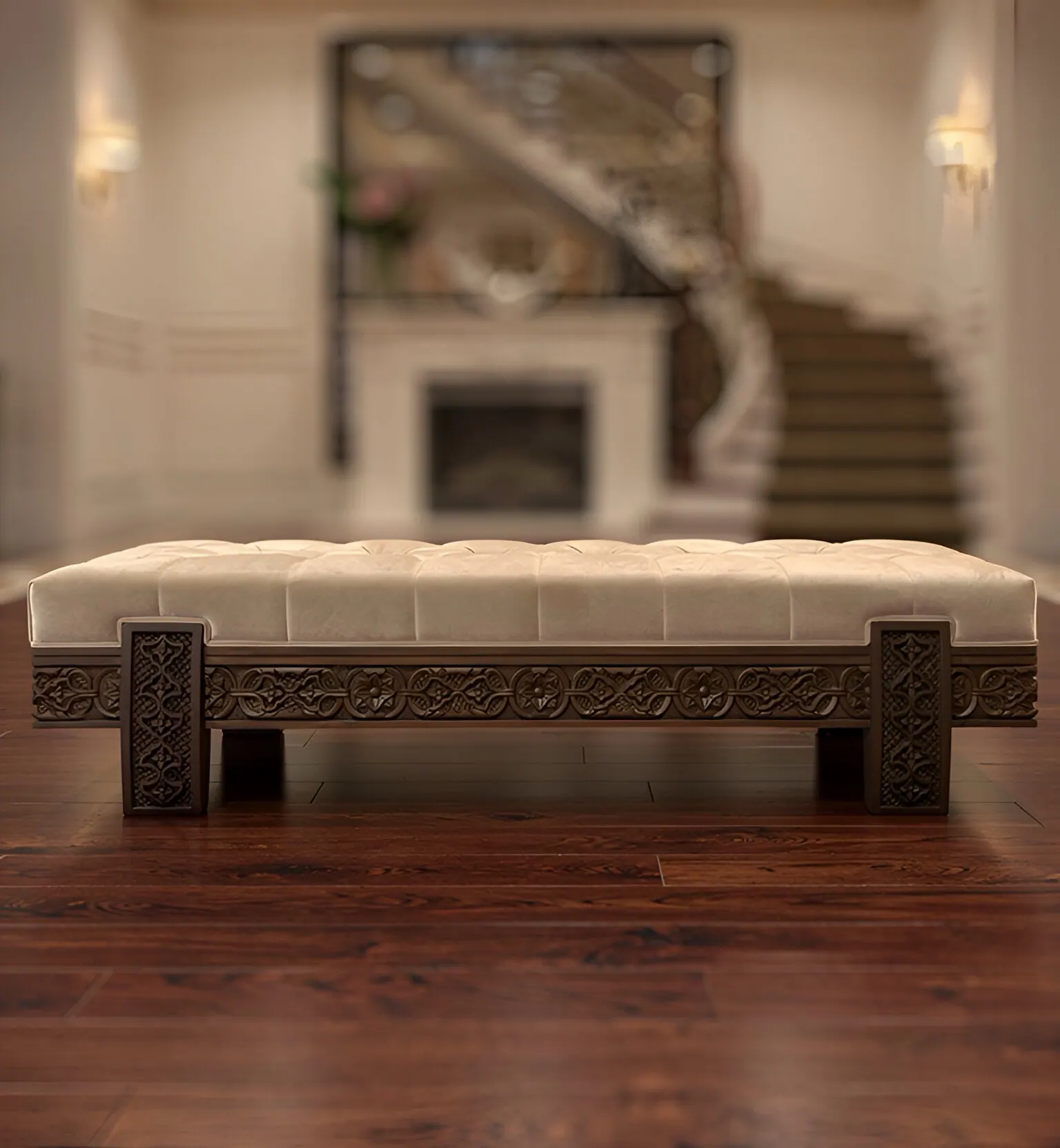Takht Bench, hand-carved solid Sheesham wood furniture by Hand & Hewn