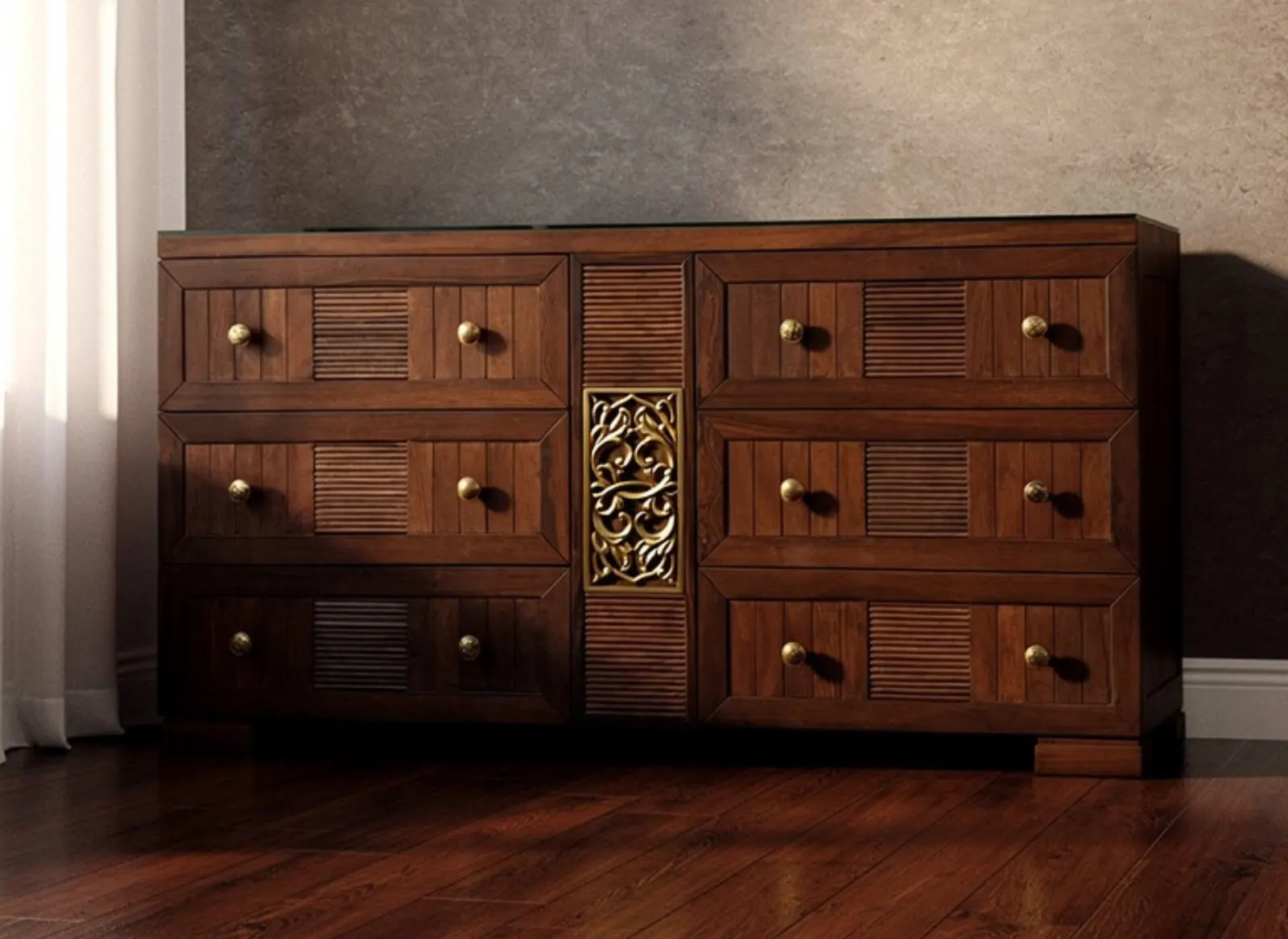 Diwan Credenza, hand-carved solid Sheesham wood furniture by Hand & Hewn