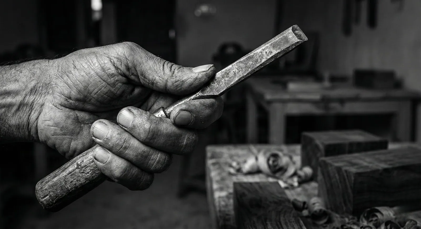 Hand & Hewn master artisan in Lahore, Pakistan holding traditional chisels used to hand-carve solid Sheesham wood furniture