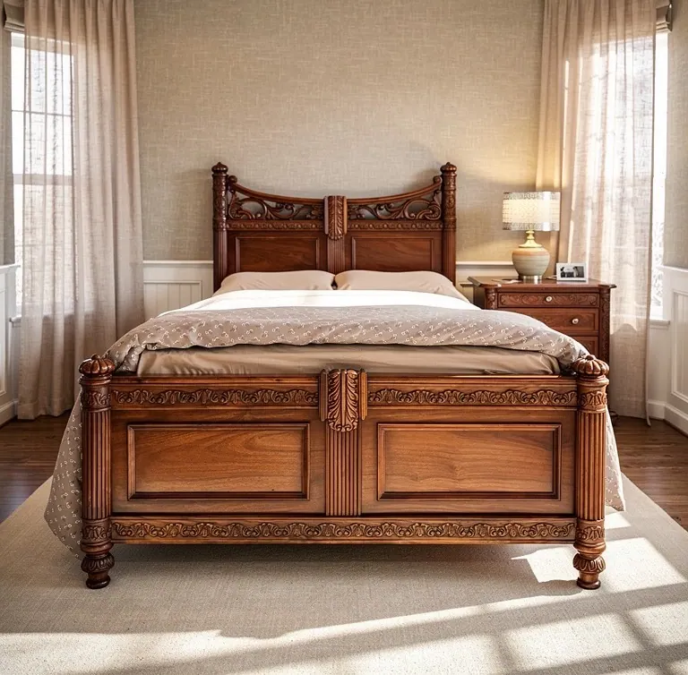 Kohal Platform Bed, hand-carved solid Sheesham wood by Hand & Hewn