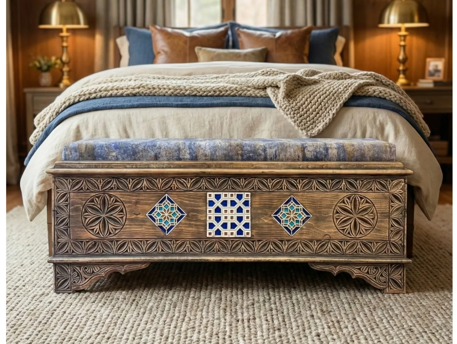 Kashi Bench, hand-carved solid Sheesham wood by Hand & Hewn